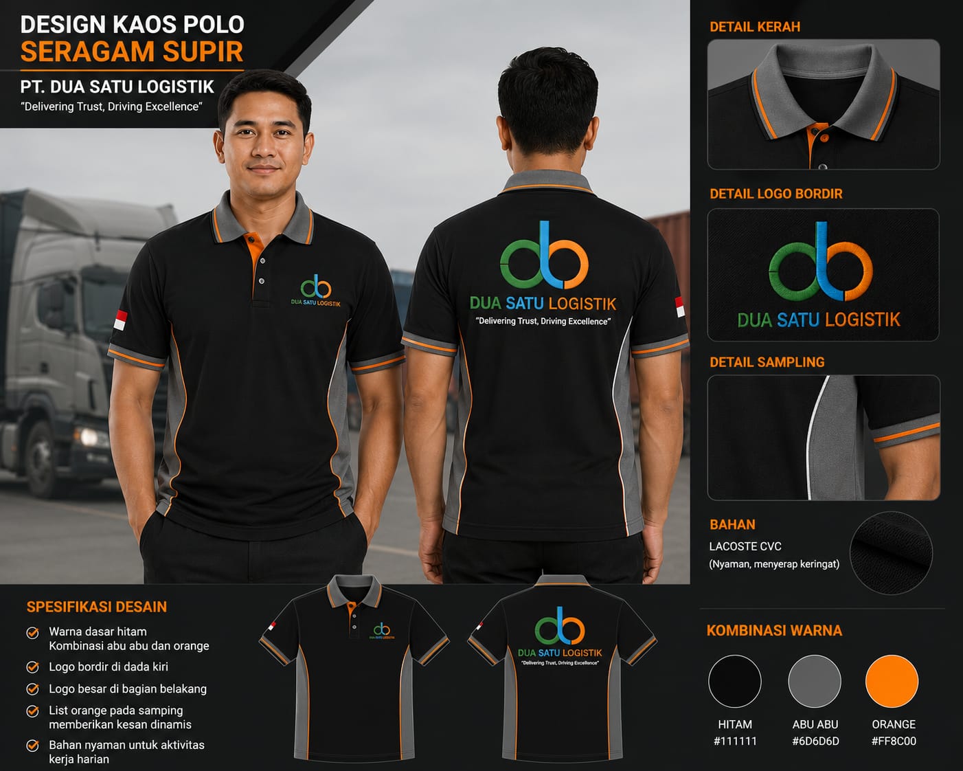 kaos polo bordir depan logo, belakang tulisan punggung