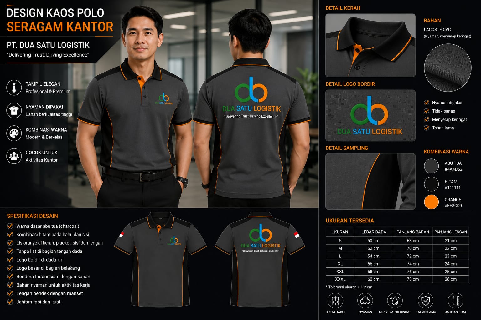 kaos polo bordir depan logo, belakang tulisan punggung